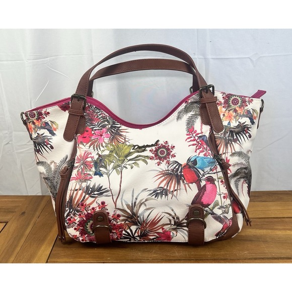 Desugual Handbags - Desugual Rotterdam New Tropic Shoulder Bag Purse Tote Floral Bird Print EUC